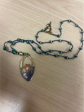Asian Inspired Enamel Cloisonné  Floral Pendant on Blue Cord Beaded Necklace